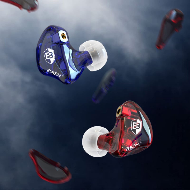 BASN in-Ear Monitor Headphones Dual Dynamic Drivers IEM Earphones Detachable MMCX Cable Musicians Earbuds (MC100 Red/Blue, with Mic) - Image 4